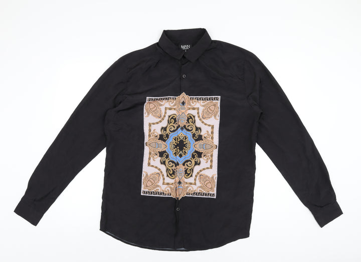 Boohoo Mens Black Geometric Polyester Button-Up Size M Collared Button