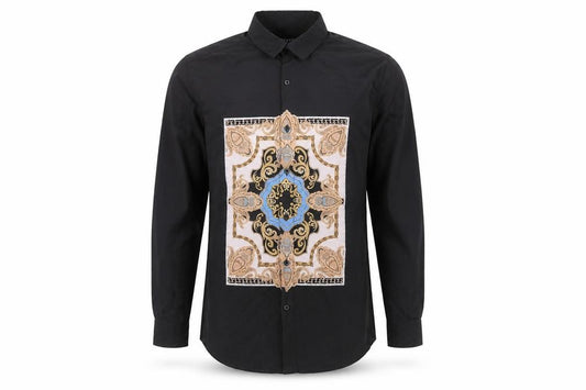 Front view of Boohoo men’s black geometric polyester button-up, size M, collared button