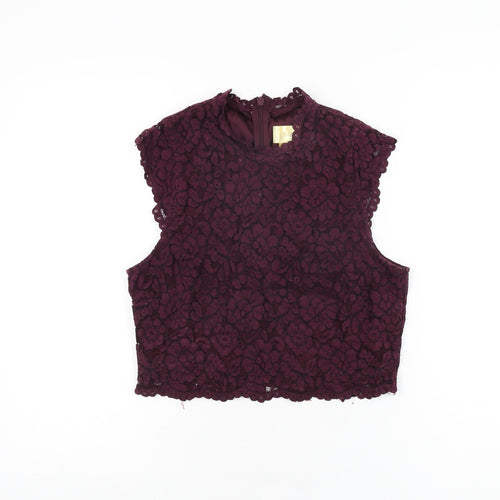 H&M Womens Purple Floral Cotton Cropped T-Shirt Size 12 Round Neck