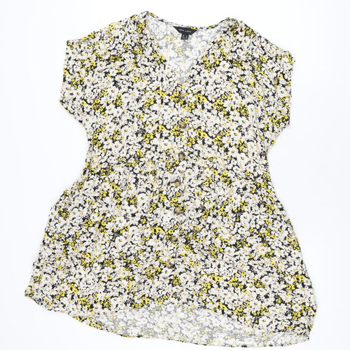 New Look Womens Black Floral Viscose Shift Size 14 V-Neck Button