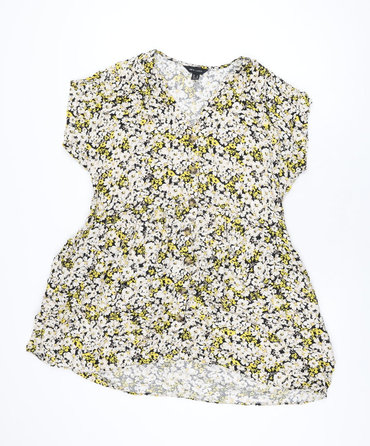 New Look Womens Black Floral Viscose Shift Size 14 V-Neck Button