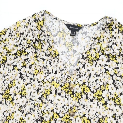New Look Womens Black Floral Viscose Shift Size 14 V-Neck Button