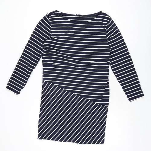 French Connection Womens Blue Striped Cotton Bodycon Size 12 Boat Neck Pullover