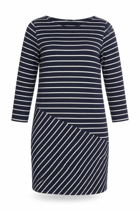 Front view of French Connection women’s blue striped cotton bodycon, size UK 12, boat neck pullover