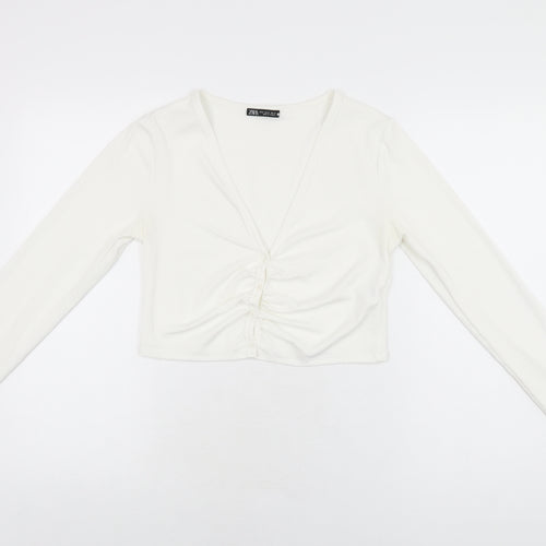 Zara Womens White Polyester Basic Button-Up Size M V-Neck