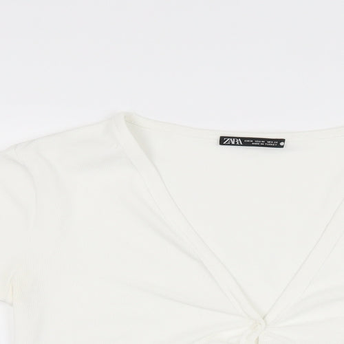 Zara Womens White Polyester Basic Button-Up Size M V-Neck