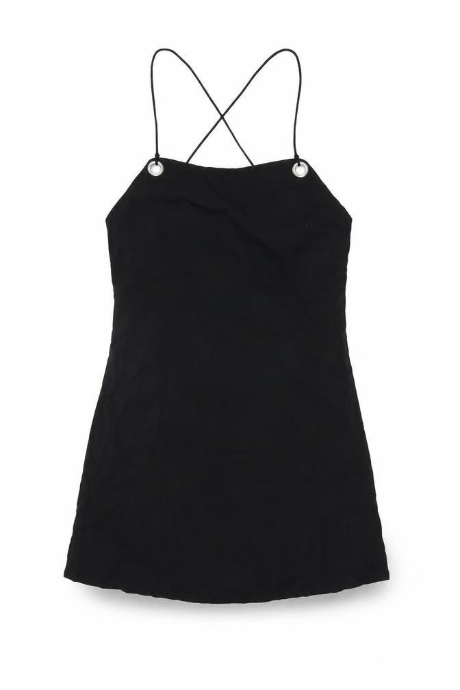 Front view of Urban Outfitters women’s black viscose mini, size M, square neck zip