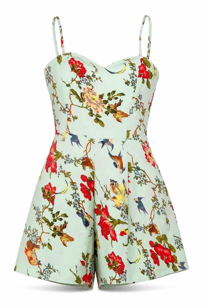 ASOS Womens Green Floral Polyester Playsuit One-Piece Size 8 L3 in Zip