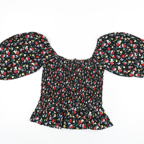Wednesday's Girl Womens Black Floral Polyester Basic T-Shirt Size S Square Neck