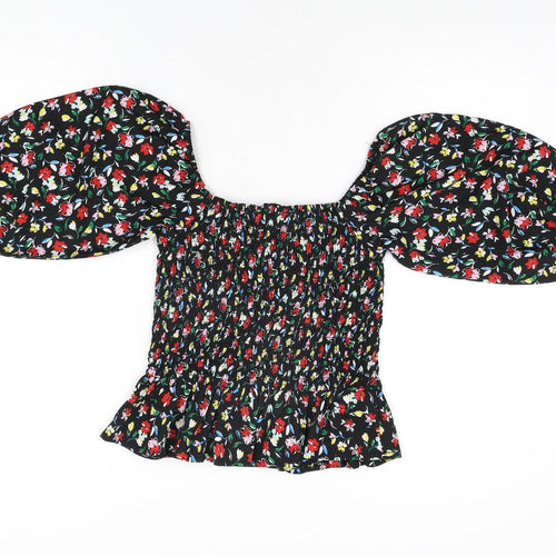 Wednesday's Girl Womens Black Floral Polyester Basic T-Shirt Size S Square Neck
