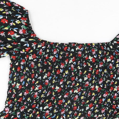 Wednesday's Girl Womens Black Floral Polyester Basic T-Shirt Size S Square Neck