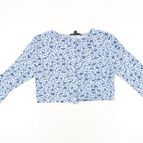 Missguided Womens Blue Floral Viscose Cropped Button-Up Size 12 Round Neck