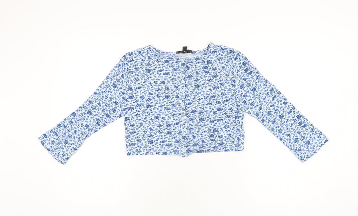 Missguided Womens Blue Floral Viscose Cropped Button-Up Size 12 Round Neck