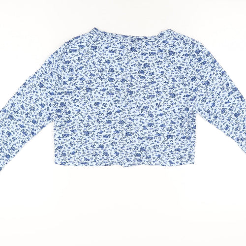 Missguided Womens Blue Floral Viscose Cropped Button-Up Size 12 Round Neck
