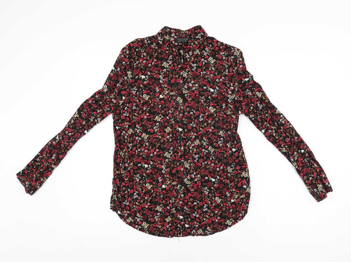 Topshop Womens Black Floral Viscose Basic Button-Up Size 6 Collared