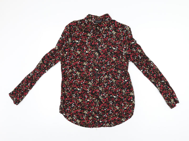 Topshop Womens Black Floral Viscose Basic Button-Up Size 6 Collared