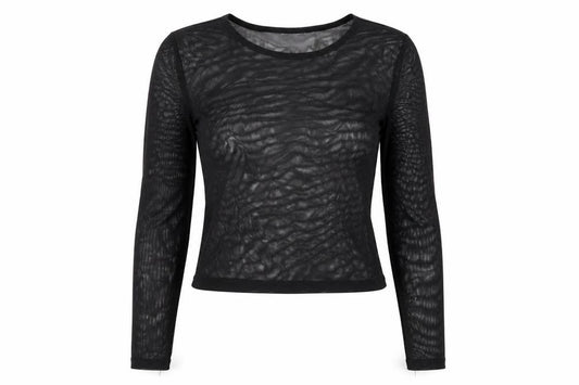 Front view of ASOS women’s black polyester cropped t-shirt, size UK 8, round neck - sheer