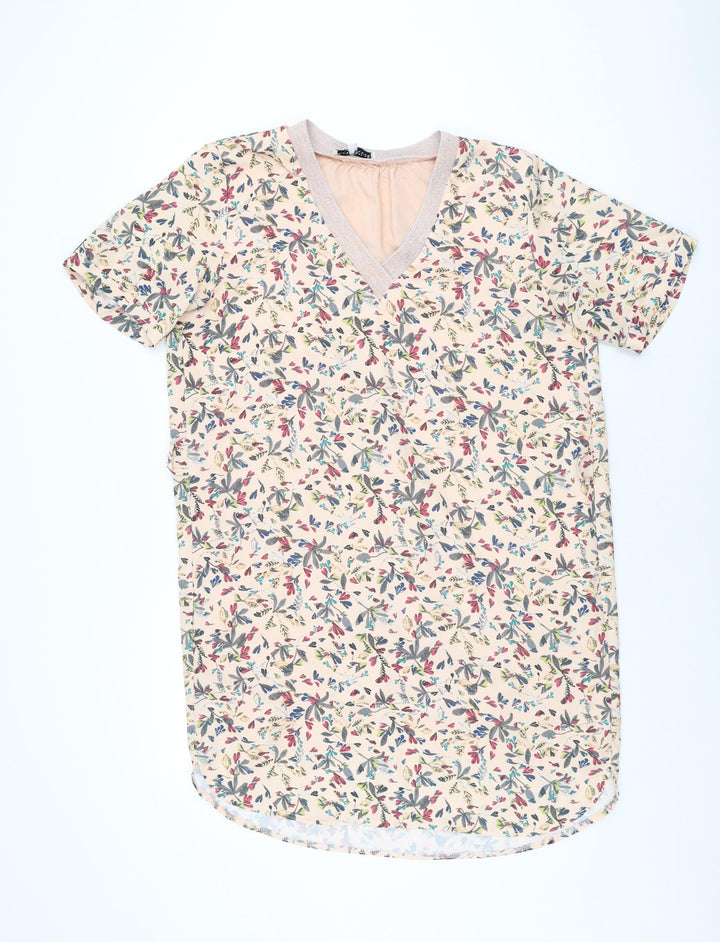 Jaune Rouge Womens Pink Floral Polyester Shift Size L V-Neck Pullover