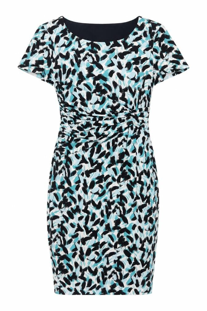 Front view of Precis women’s blue geometric polyester bodycon, size UK 10, scoop neck pullover