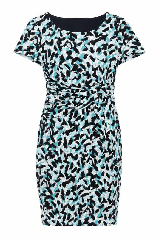 Front view of Precis women’s blue geometric polyester bodycon, size UK 10, scoop neck pullover