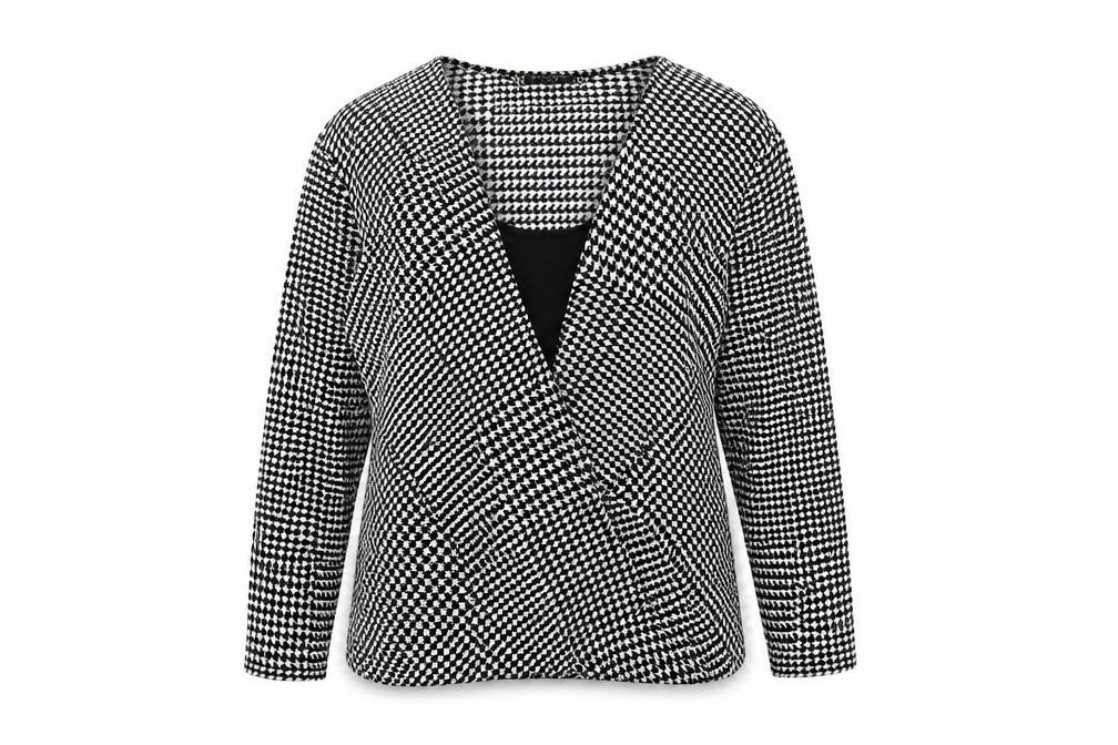 Front view of Principles women’s black geometric polyester basic t-shirt, size UK 16, v-neck