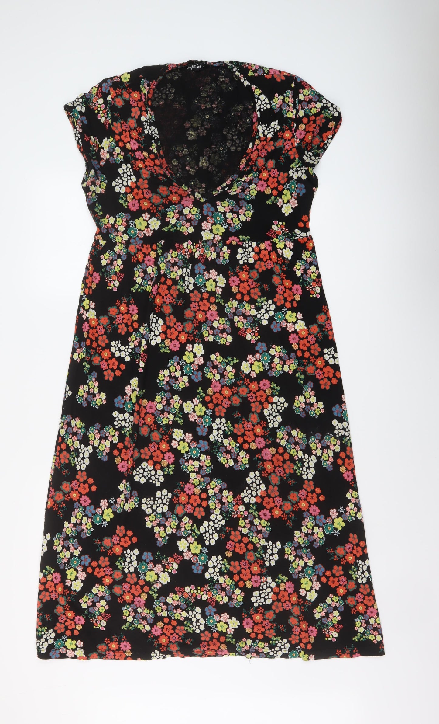 Long Tall Sally Womens Black Floral Viscose A-Line Size 14 V-Neck Pullover