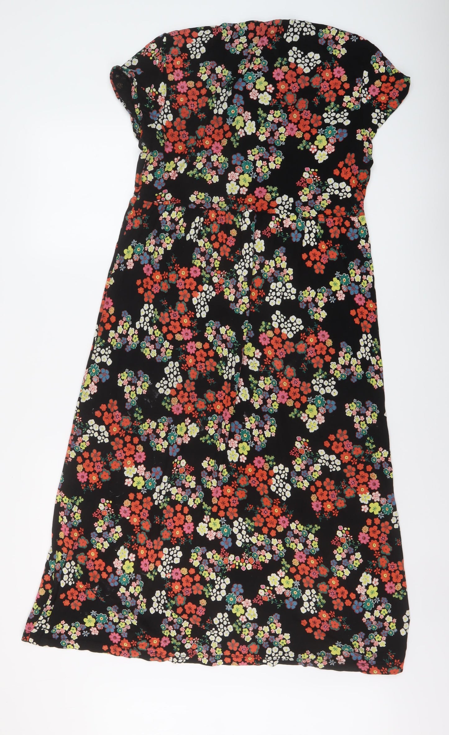 Long Tall Sally Womens Black Floral Viscose A-Line Size 14 V-Neck Pullover
