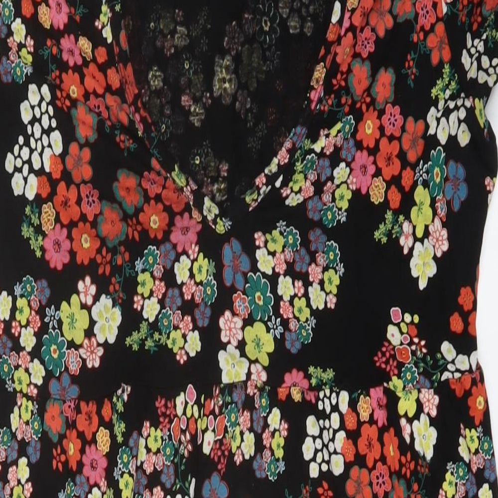 Long Tall Sally Womens Black Floral Viscose A-Line Size 14 V-Neck Pullover