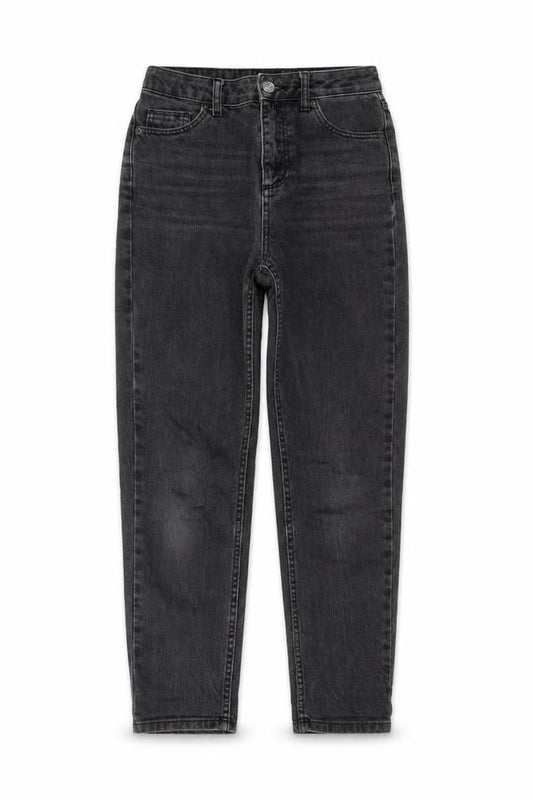 Front view of BDG women’s grey cotton mom jeans, size UK 26, in, 26-inch leg regular button