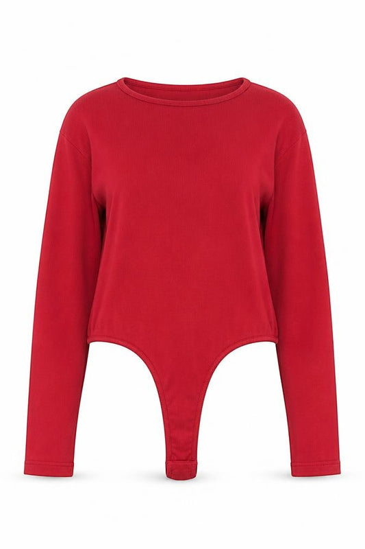 Front view of PRETTYLITTLETHING women’s red cotton bodysuit one-piece, size UK 14, snap