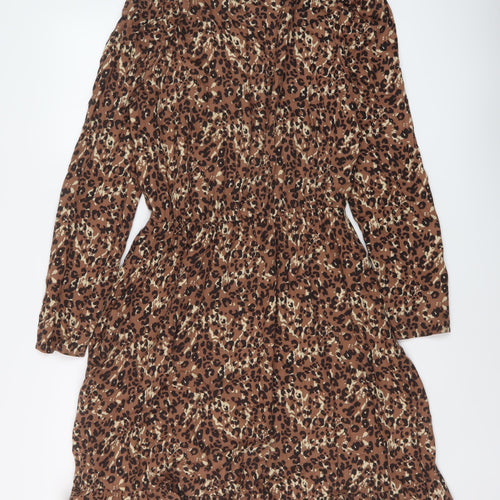 NEXT Womens Brown Animal Print Viscose A-Line Size 8 Mock Neck Button