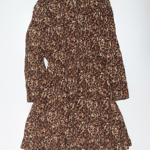 NEXT Womens Brown Animal Print Viscose A-Line Size 8 Mock Neck Button