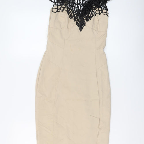 Lipsy Womens Beige Polyester Bodycon Size 6 Mock Neck Zip - Kardashian Collection