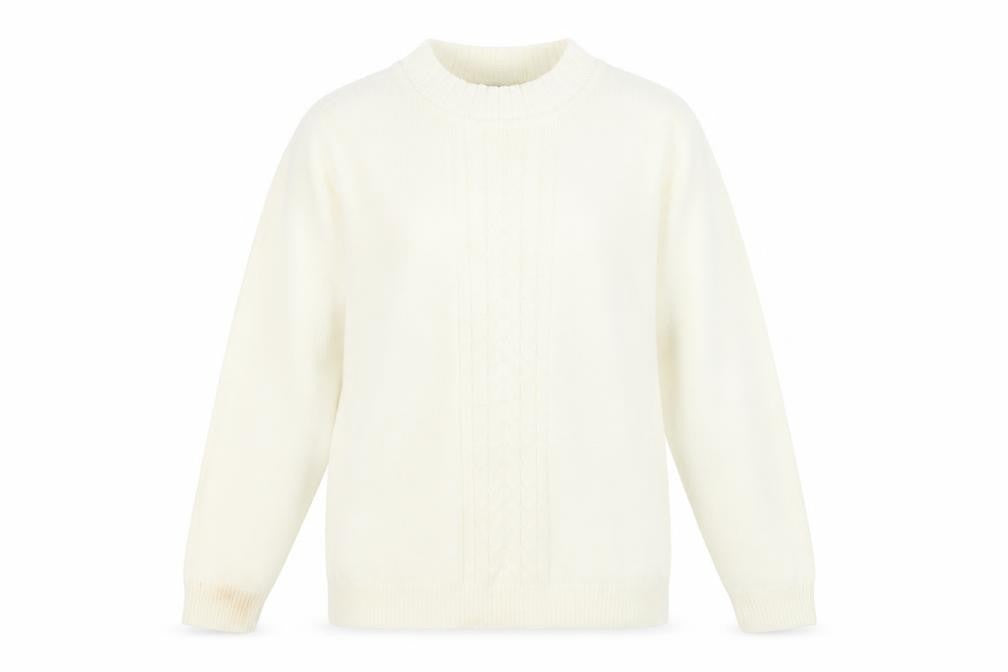 Front view of EWM women’s ivory mock neck acrylic jumper, size S