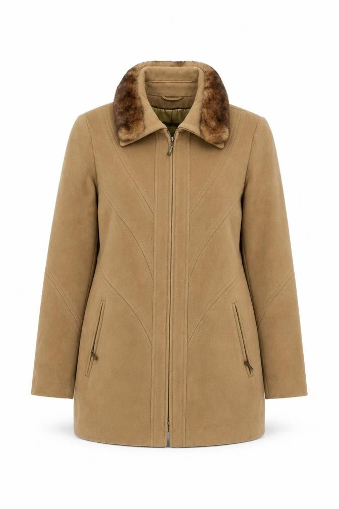 Front view of Style women’s beige overcoat coat, size UK 10, zip