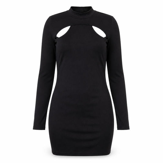 Front view of H&M women’s black polyester bodycon, size M, round neck pullover