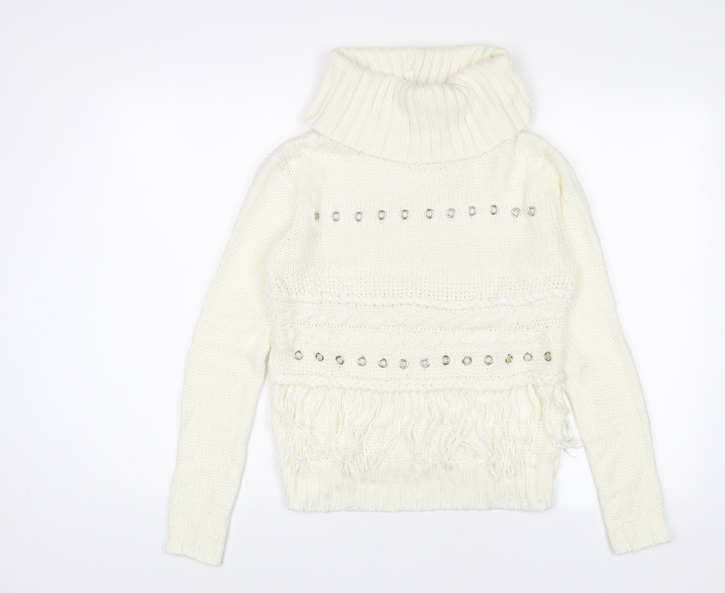 Urban Bliss Womens White Roll Neck Acrylic Pullover Jumper Size 8 - Tassled