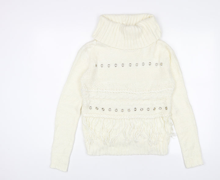 Urban Bliss Womens White Roll Neck Acrylic Pullover Jumper Size 8 - Tassled