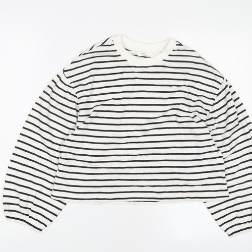 Marks and Spencer Girls White Striped Cotton Cropped T-Shirt Size 10-11 Years Crew Neck Pullover