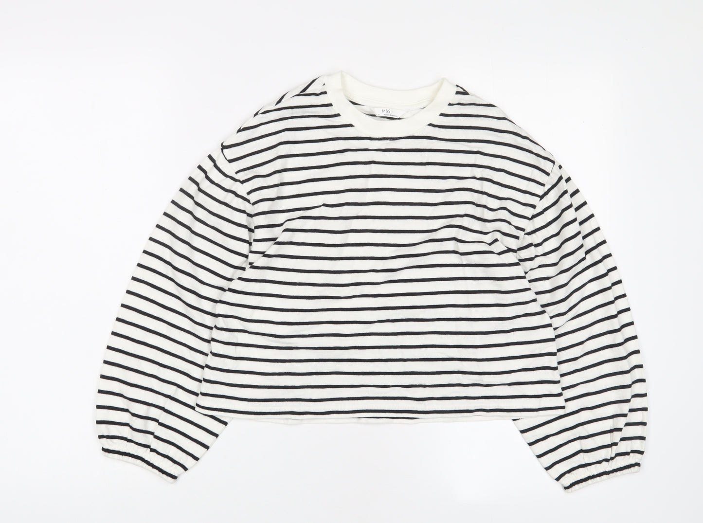 Marks and Spencer Girls White Striped Cotton Cropped T-Shirt Size 10-11 Years Crew Neck Pullover