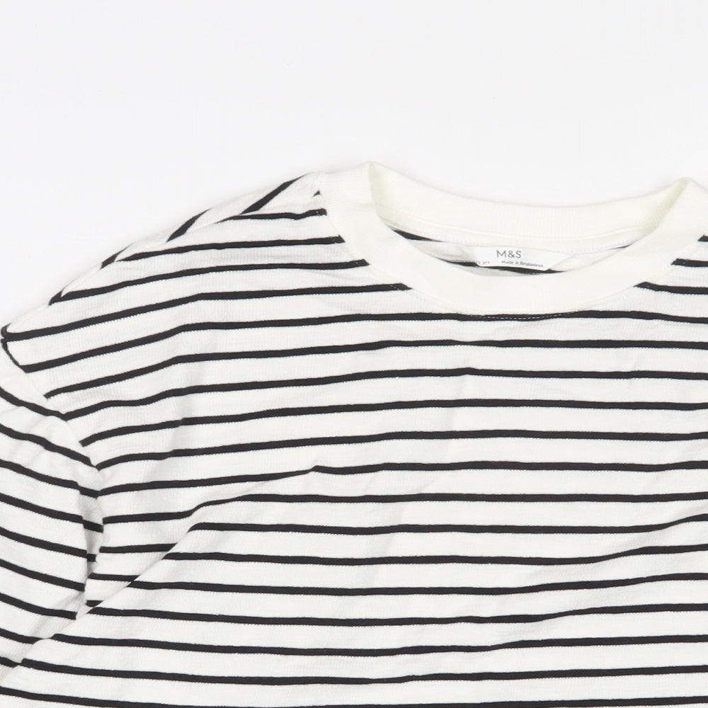 Marks and Spencer Girls White Striped Cotton Cropped T-Shirt Size 10-11 Years Crew Neck Pullover