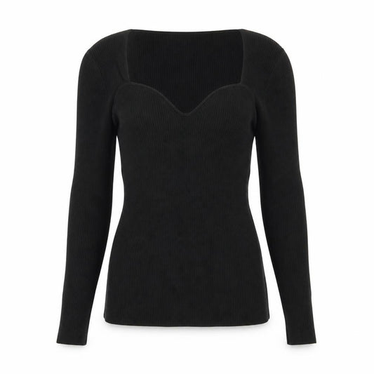 Front view of H&M women’s black square neck polyester jumper, size M, - stretch