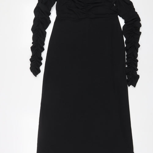 Topshop Womens Black Polyester A-Line Size 10 Square Neck Pullover - Ruched sleeves