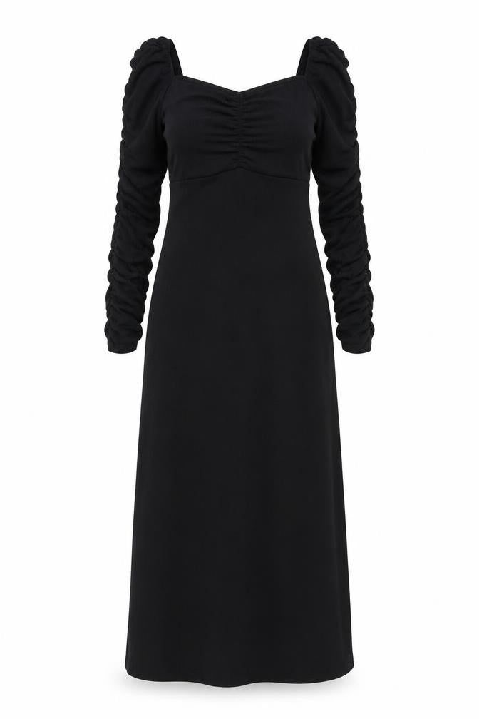 Front view of Topshop women’s black polyester a-line, size UK 10, square neck pullover - ruched sleeves