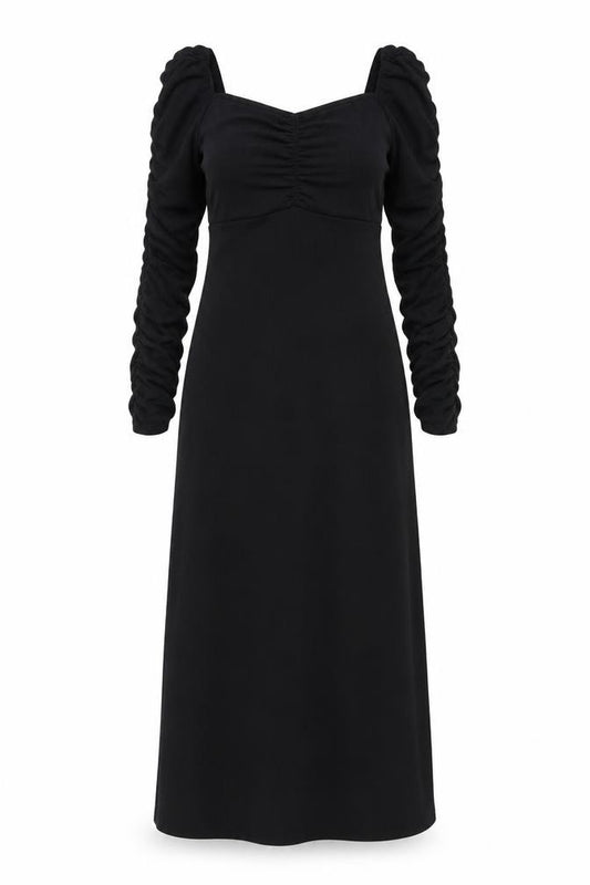 Front view of Topshop women’s black polyester a-line, size UK 10, square neck pullover - ruched sleeves