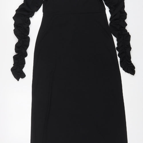 Topshop Womens Black Polyester A-Line Size 10 Square Neck Pullover - Ruched sleeves