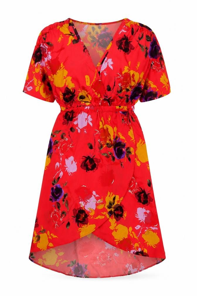 Front view of Angie women’s red geometric polyester a-line, size M, v-neck pullover