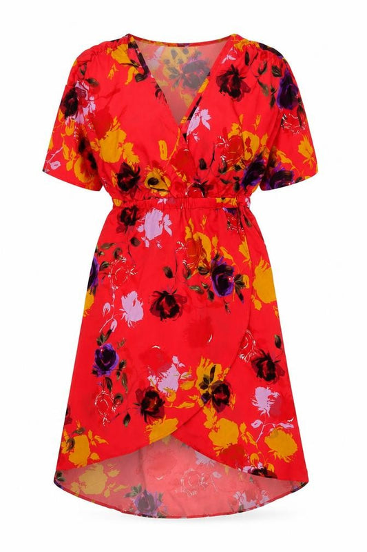 Front view of Angie women’s red geometric polyester a-line, size M, v-neck pullover