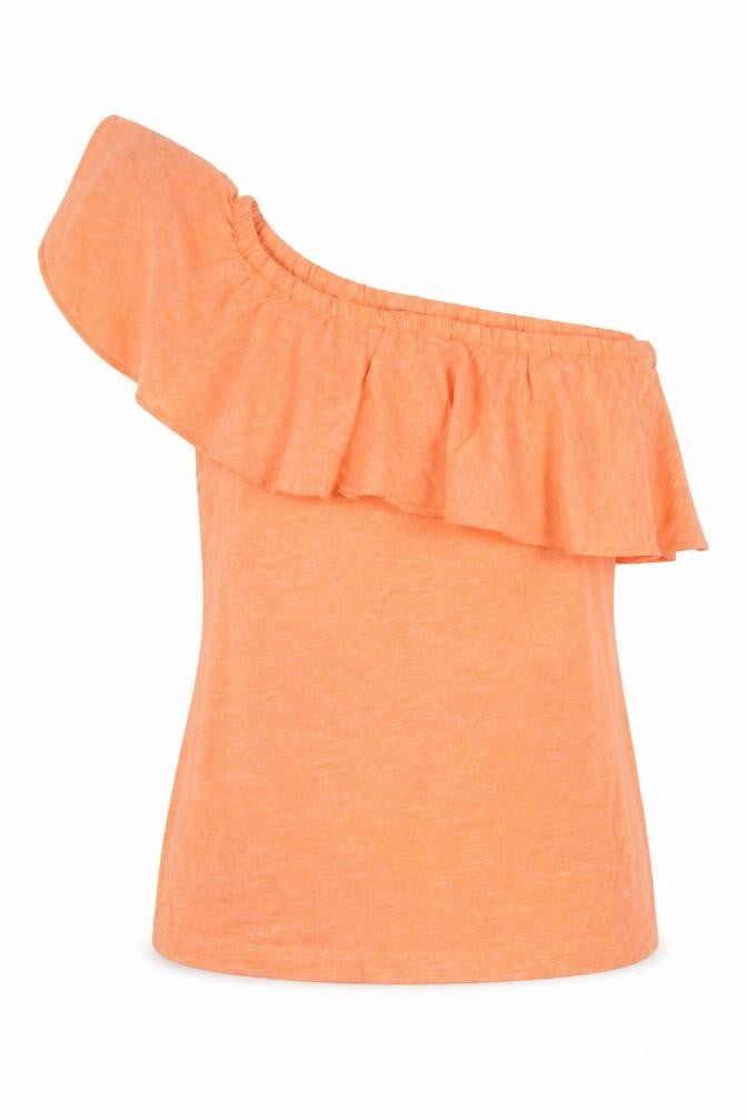 Front view of Oasis women’s orange linen basic t-shirt, size UK 12, one shoulder