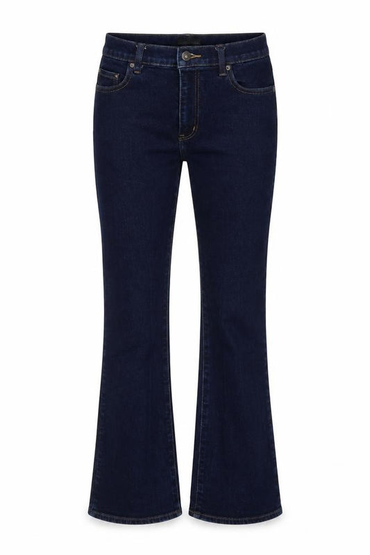 Front view of Uniqlo women’s blue cotton bootcut jeans, size UK 26, in, 28-inch leg regular zip